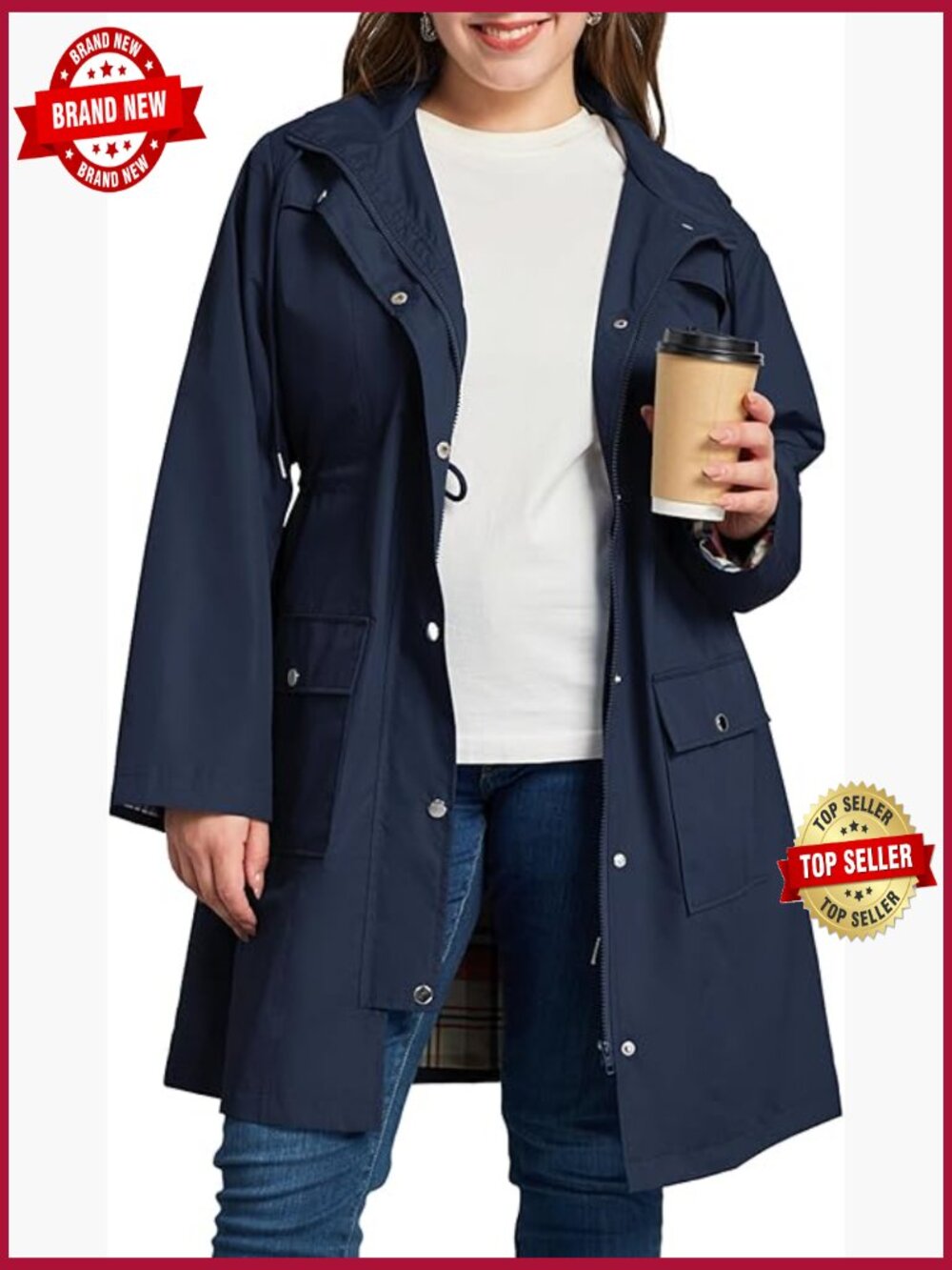 Plus Size Rain Jacket Waterproof Windbreaker Hooded Trench Coat with Pockets
